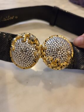 Judith Leiber Vintage Black Exotic SkinBelt with Gold and Crystal Leopard Buckle
